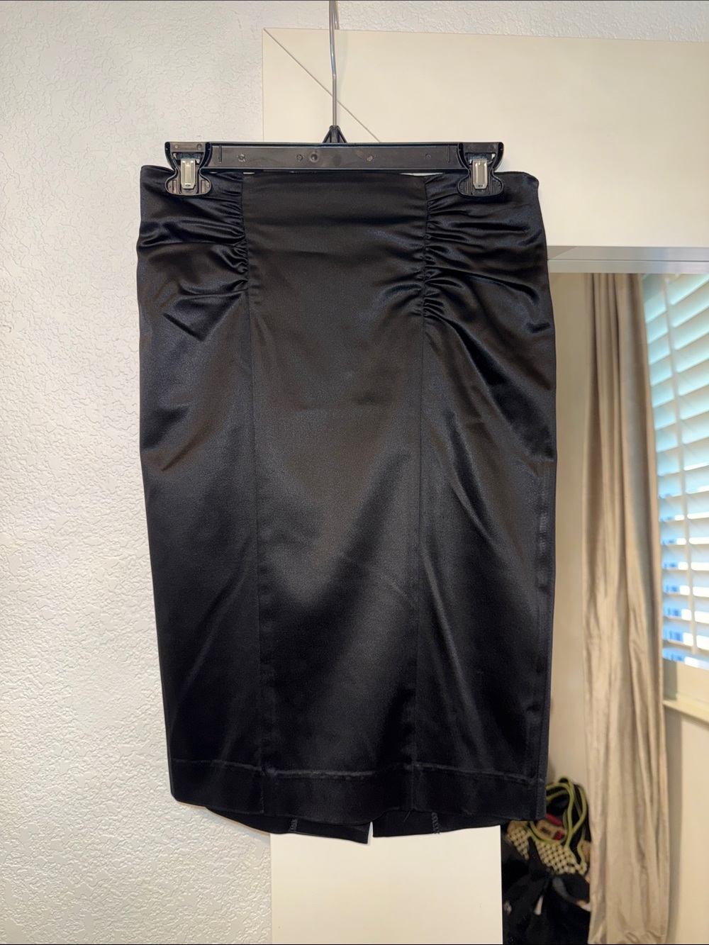 bebe Black Ruched Satin Pencil Skirt